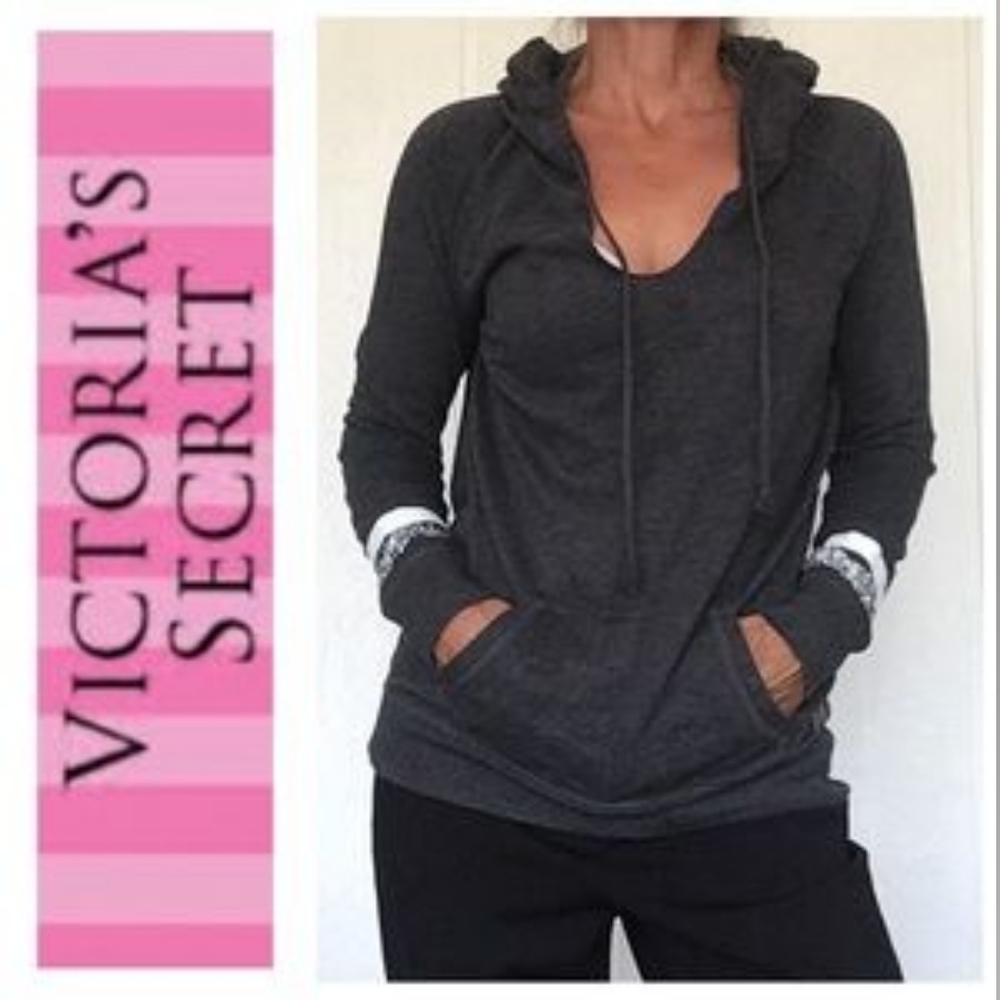 Victoria's Secret Hoodie Sequin Silver LOVE Pullover V-Neck Sweatshirt XSmall